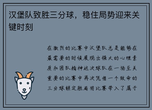 汉堡队致胜三分球，稳住局势迎来关键时刻